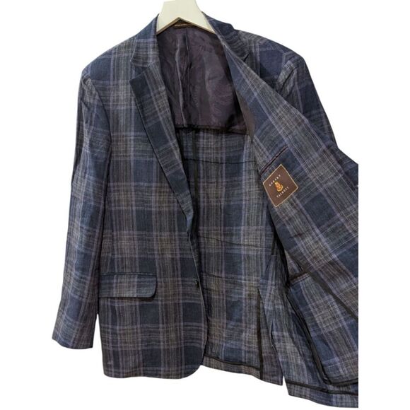 Robert Talbott Carmel Men's 41R Plaid Blue/Purple 100% Linen Blazer Two Button - Picture 3 of 10